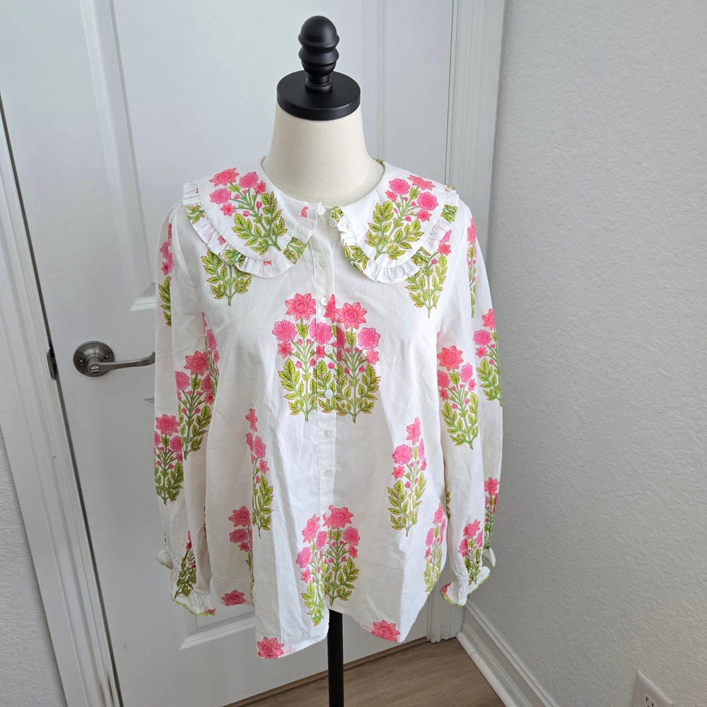 Pink City Prints Isabel White Pink Floral Peter Pan Collar Cotton Blouse Large - Picture 2 of 7
